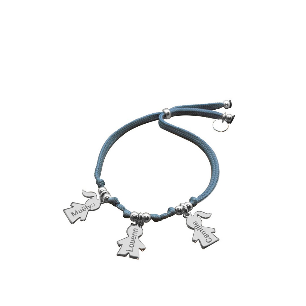 bracelet 3 figurines gravees argent sur cordon