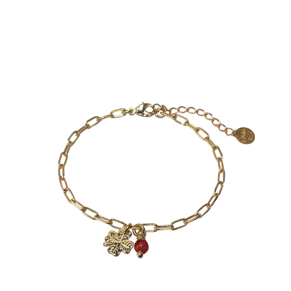 Bracelet chaîne pierre de naissance et trèfle à quatre feuilles en plaqué or