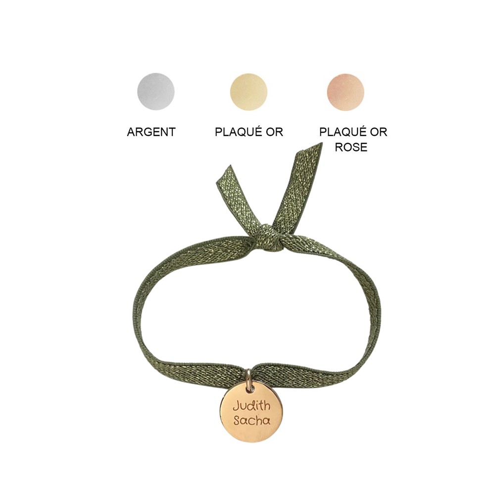 Bracelet médaille gravée sur un galon élastique scintillant